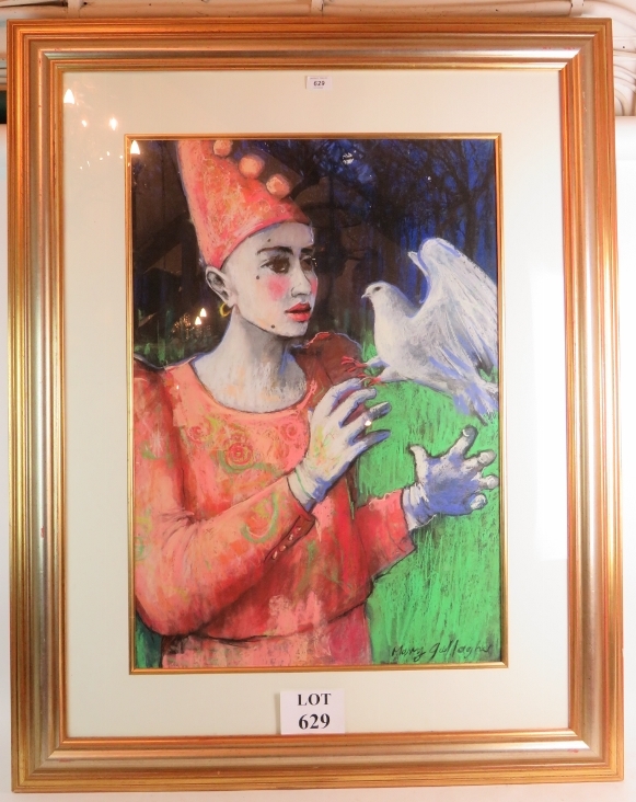 Mary Gallagher (Scottish, b 1953) - 'Pierrot and a dove', large scale pastel, signed, 82cm x 57cm,