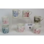 Seven 19th Century Staffordshire transfer printed child's mugs including The Hop Gatherer, June,