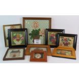 Nine framed decoupage and fabric collages mainly of flowers, largest: 42cm x 42cm. (9).