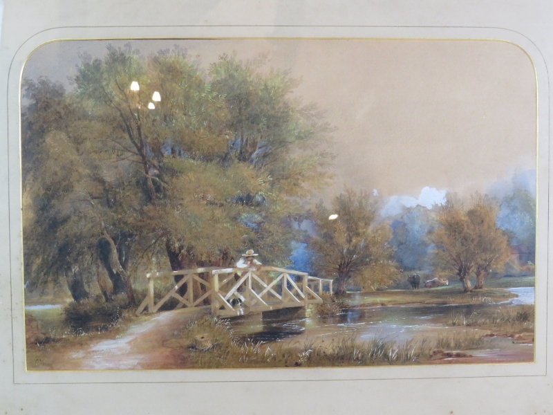 British School (19th century) - 'Rural river landscape with figure on a bridge', watercolour, - Image 3 of 6