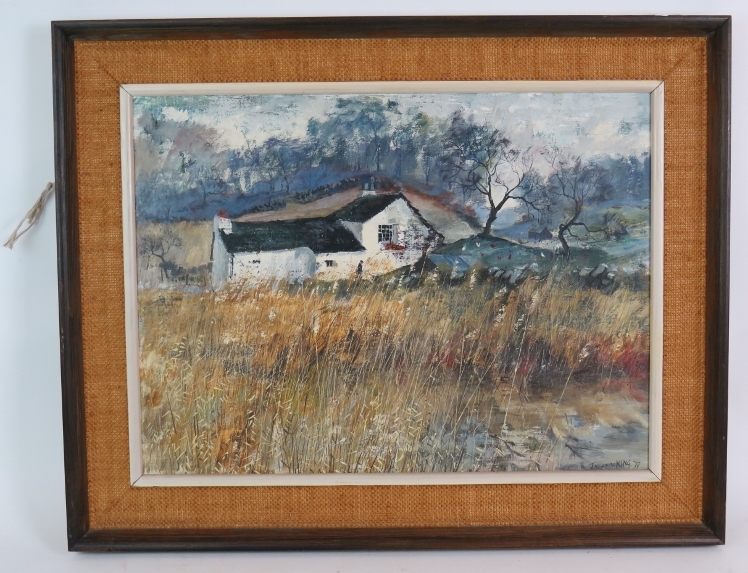 Jeremy King (b 1933) - 'Lakeland Farm', oil on panel, signed, dated '77', inscribed verso,