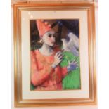 Mary Gallagher (Scottish, b 1953) - 'Pierrot and a dove', large scale pastel, signed, 82cm x 57cm,