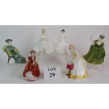 Six Royal Doulton figurines including Harmony, Ascot, Simone, Top O' The Hill,