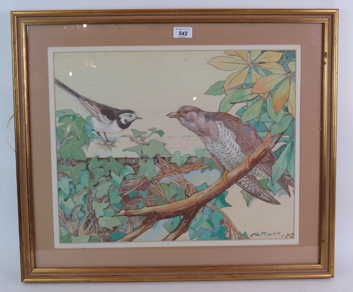 Kay Nixon (1895-1988) - 'Birds perched amongst foliage', watercolour, signed, 40cm x 50cm, framed.