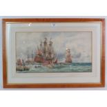 Charles John De Lacy (1856-1936) - '18th Century Men-of-war ships in harbour', watercolour, signed,