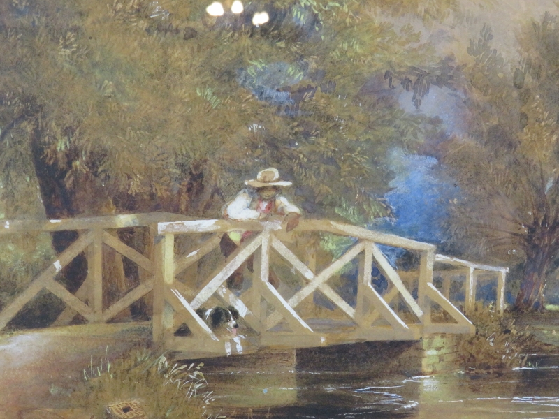 British School (19th century) - 'Rural river landscape with figure on a bridge', watercolour, - Image 4 of 6