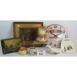 A mixed lot of collectables including a Retro style clock, oil on board river-scape painting,