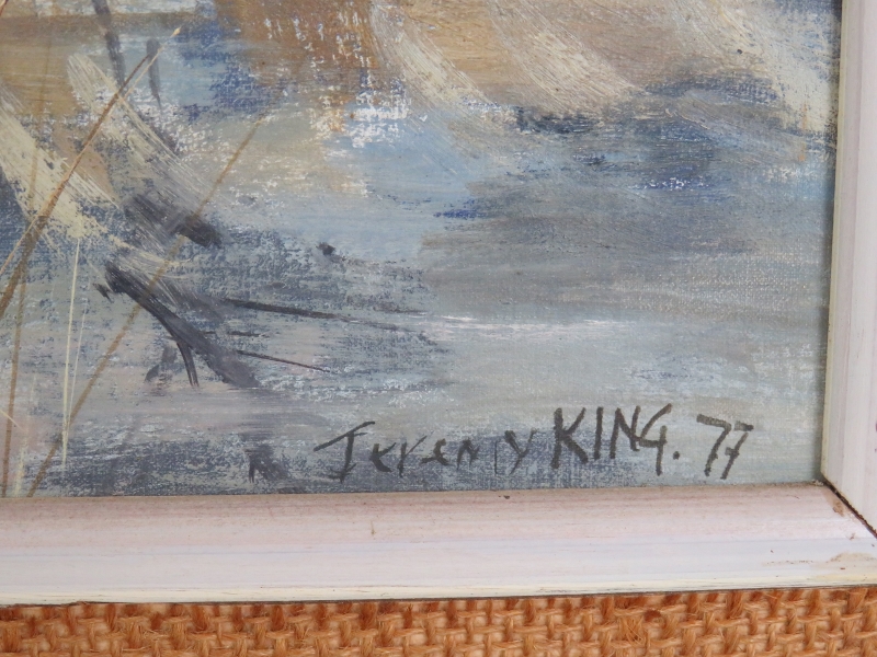 Jeremy King (b 1933) - 'Lakeland Farm', oil on panel, signed, dated '77', inscribed verso, - Image 3 of 5