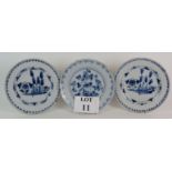 Three antique Delft ware blue and white plates two with bullrush pattern, possibly 18th Century.
