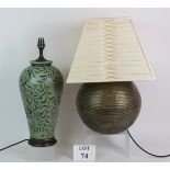Two modern table lamps one with a ribbed metal base the other with a hand painted Balluster vase