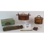 A selection of boxes including a Norwegian tine box, a Swedish hand decorated birch bark box,