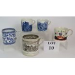 Five 19th Century mugs, four being transfer printed and one pearl ware example,