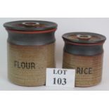 Two Retro studio pottery lidded storage jars in brown glaze one for rice, the other for flour.