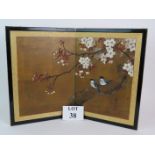 A 20th Century Chinese folding table top screen hand painted with birds and cherry blossom and