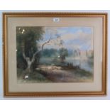 British School (19th Century) - 'River landscape with figures, boat and sheep', watercolour,