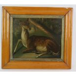 18th Century School - 'a recumbent deer', oil on old rough cut oak panel, 23cm x 27cm,