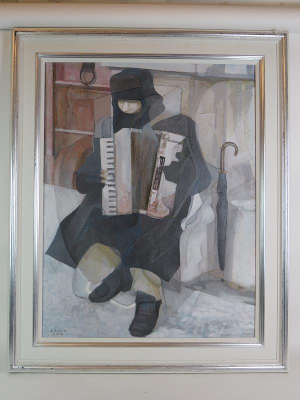 Robert Jenkins (Contemporary) - 'Accordion Player', oil on canvas, signed and dated 2008,