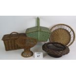 A painted Wicker sewing basket and a small Wicker hamper plus four other vintage baskets.