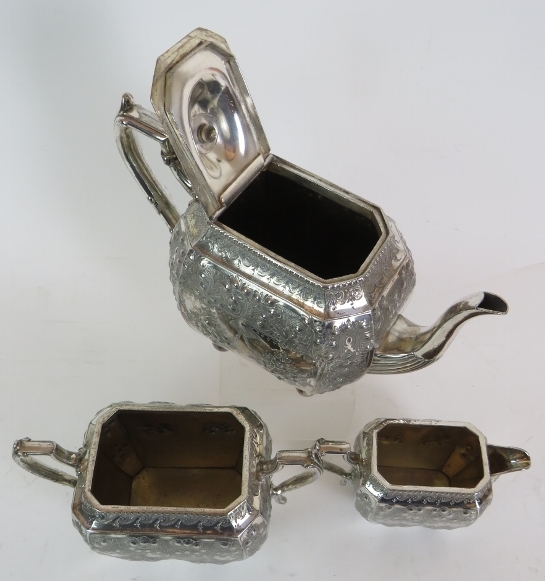 A late Victorian three piece silver plat - Image 3 of 5