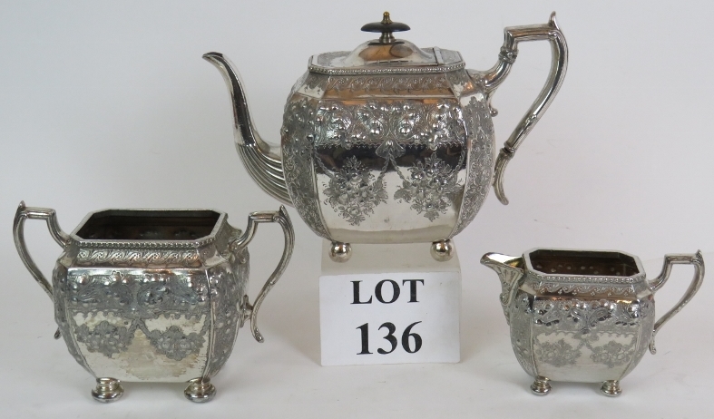 A late Victorian three piece silver plat