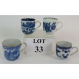 Four late 18th Century English porcelain cups decorated in blue and white patterns including first