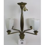 A mid 20th Century Art Deco style brass 4 branch chandelier with opaque hexagonal glass shades.