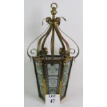 A large good quality early/mid 20th Century hexagonal brass hall lantern in the Arts and Crafts