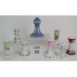 A collection of eight antique and vintage porcelain hat pin stands including a Wedgwood blue Jasper