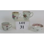 Three late 18th Century English porcelain cups one possibly Leeds Pottery plus a similar tea bowl.