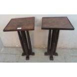 A pair of Edwardian burr walnut side tables, raised on a four column tapered and fluted base.