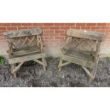 A pair of rustic wooden garden seats.