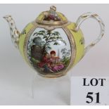 A late 19th Century Meissen tea pot with yellow panels and ornately decorated scenes of courting