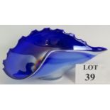 A blue glass Murano style shell form dish with scalloped edges. Length: 42cm.