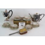 A six piece Japanese porcelain cup and saucer set c1930's, a 19th Century silver plated tea pot,