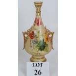 A Royal Worcester blush ivory vase with filigree gilt handles and hand decorated with Japanese