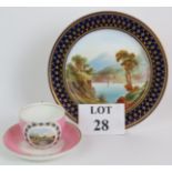 A mid 19th Century hand decorated Worcester style plate with blue and gilt border and lake scene to