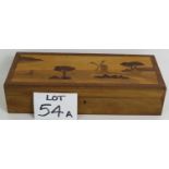 A large trinket box made from hardwood with an inlaid marquetry lid depicting a rural windmill
