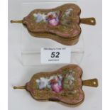 Two similar Meissen porcelain bellows shaped boxes each having gilt overlaid decoration on a pink