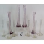 Four amethyst hand blown bud vases 35cm and six similar clear bud vases 26cm. All circa 1900. (10).