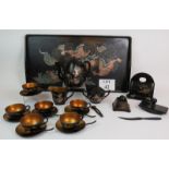 A mid 20th Century Chinese lacquer six setting tea set and tray with hand painted dragon motifs,