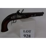 Muzzle loading flint lock pistol, 44 cal, no visible maker/numbers. Section 1. Estimated: £300-£500.