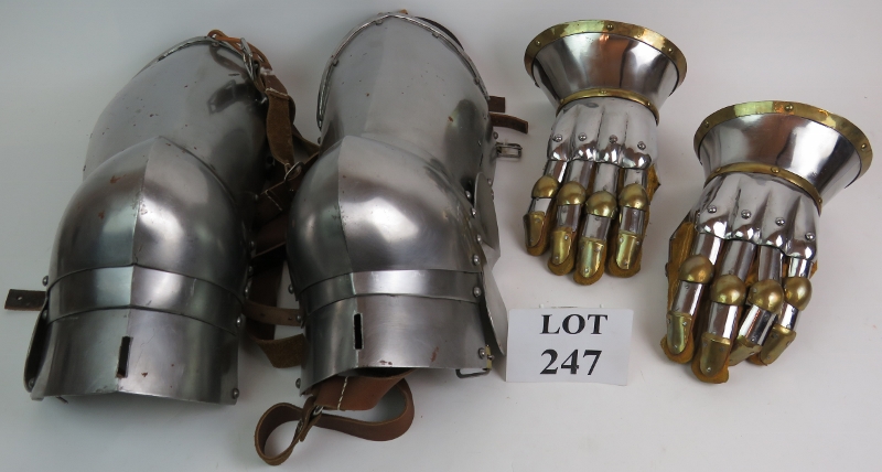 A pair of medieval style armoured gauntlets made of steel and brass and a similar pair of thigh leg - Image 2 of 14