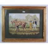 British School - 'A 19th Century Jockey, horse, owner, and groom', watercolour, 37cm x 52cm, framed.