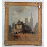 Continental School (19th Century) - 'Street Scene with Cathedral in the background', oil on canvas,