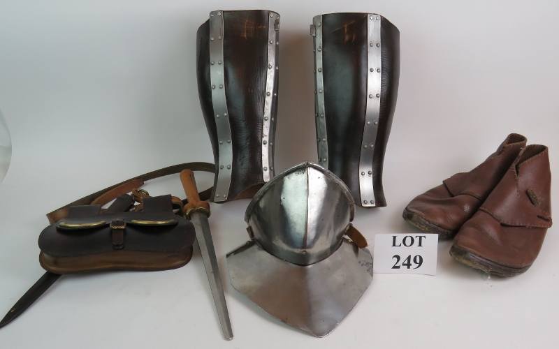 A medieval re-enactment pair of leather and steel leg guards, a steel throat protector, - Image 2 of 14