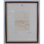 French School (20th century) - pencil signed limited edition print of a city fountain, framed.