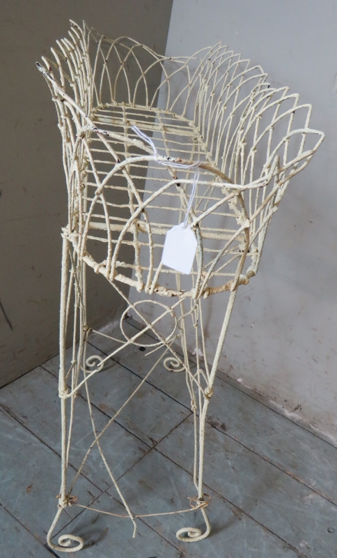 A vintage bent wire white metal trough planter on stand, raised on scroll feet. - Image 2 of 2