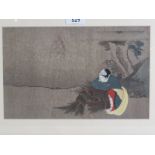 An antique Japanese woodblock print, 'Crouching figure with bundles of wood', 19cm x 30cm, later