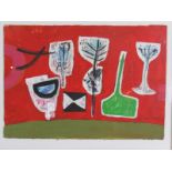 St. Ives School (20th Century) - 'Still life of objects on a red and green ground', oil on panel