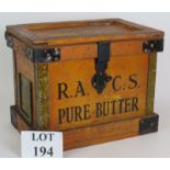 A 1920s R.A.C.S travelling butter box with iron fittings and lock made by CWS Box Making Dept,
